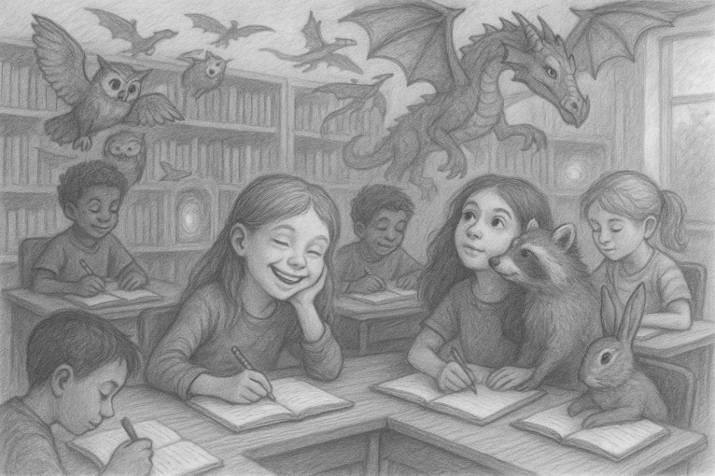 children writting with imagination